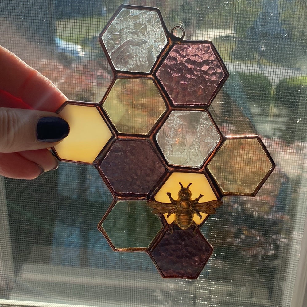 Stained Glass Honeycomb w/ Brass Bee - Picture 2 of 4